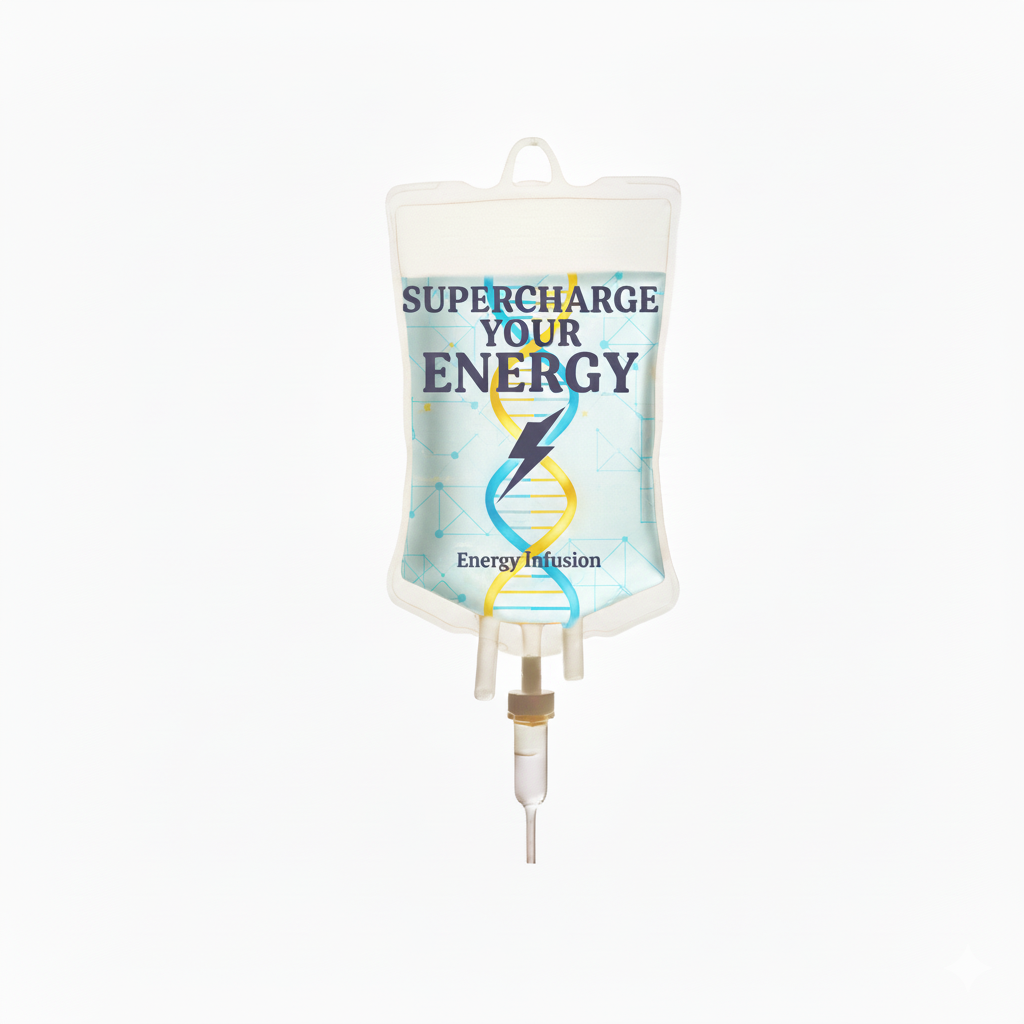 IV drip bag labeled 'Supercharge Your Energy' with a lightning bolt, DNA helix, and 'Energy Infusion' text, on a white background.