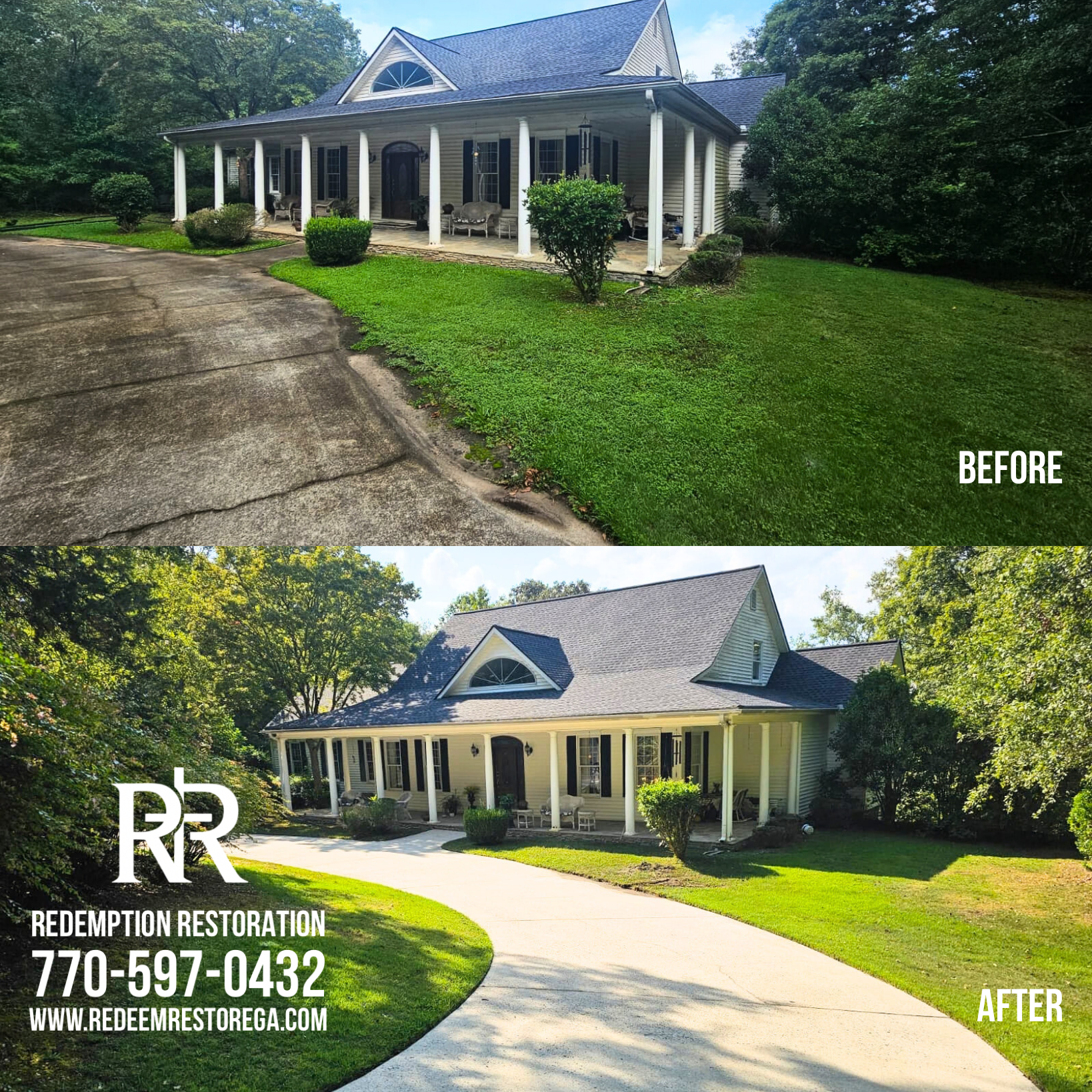 Comparison of a house before and after restoration, showing the porch area and driveway with overgrown vegetation in the before image, and a clean, painted house with neatly maintained lawn and clear driveway in the after image, with the company's contact information and logo at the bottom.