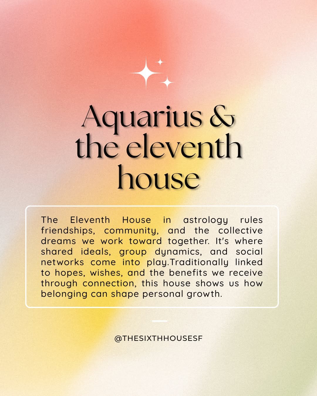 In astrology, the Eleventh House is all about your extended circle—friends, collectives, collaborators, and the big dreams that only come to life with others. It speaks to your sense of belonging, your contribution to something larger than your