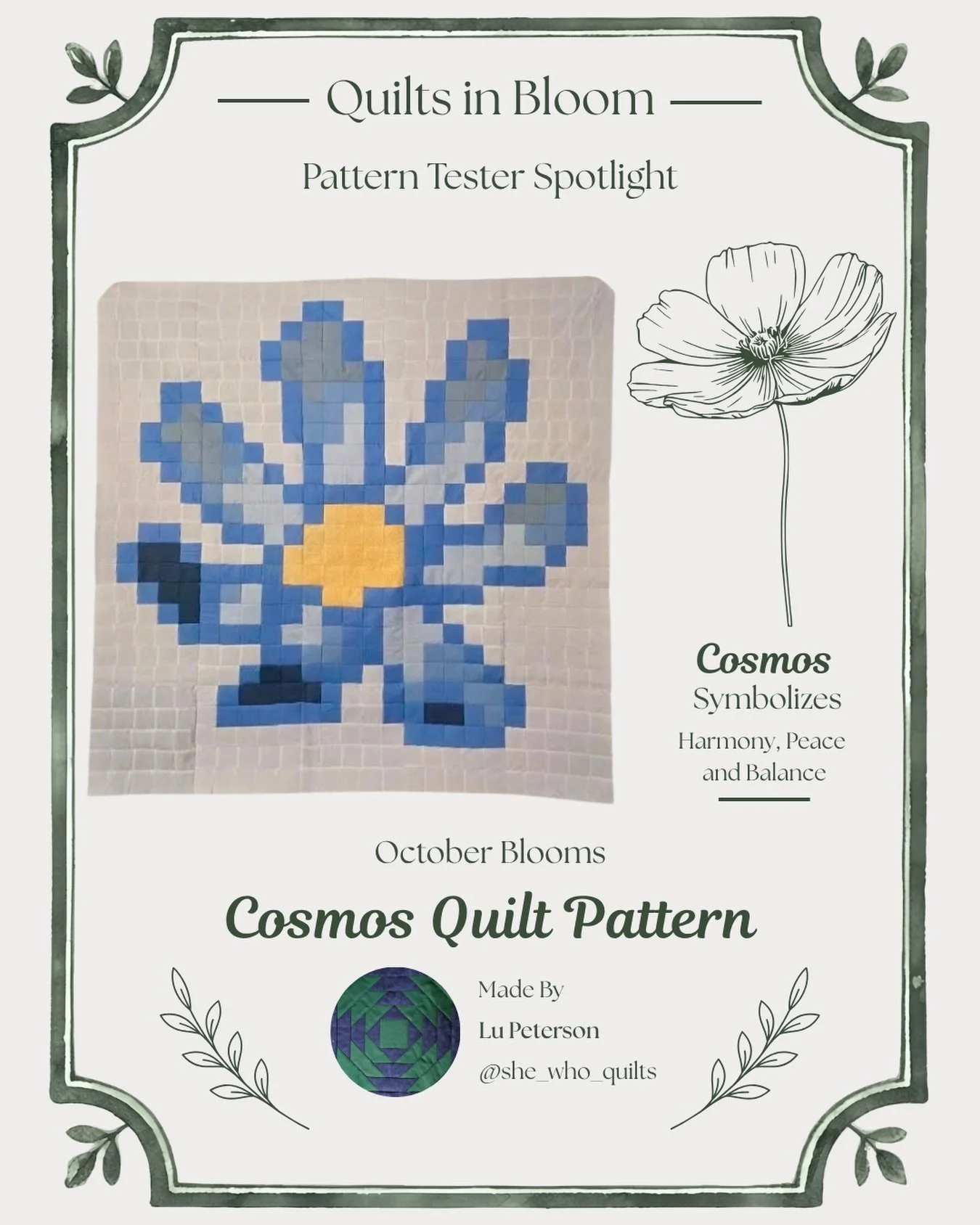 💙 October Blooms: Cosmos Tester Spotlight 🌸

A beautiful blue take on October Blooms! 💙 This version was made using the pixel method of the pattern, and I just love how the blue tones bring this cosmos flower to life. There&rsquo;s something so sp