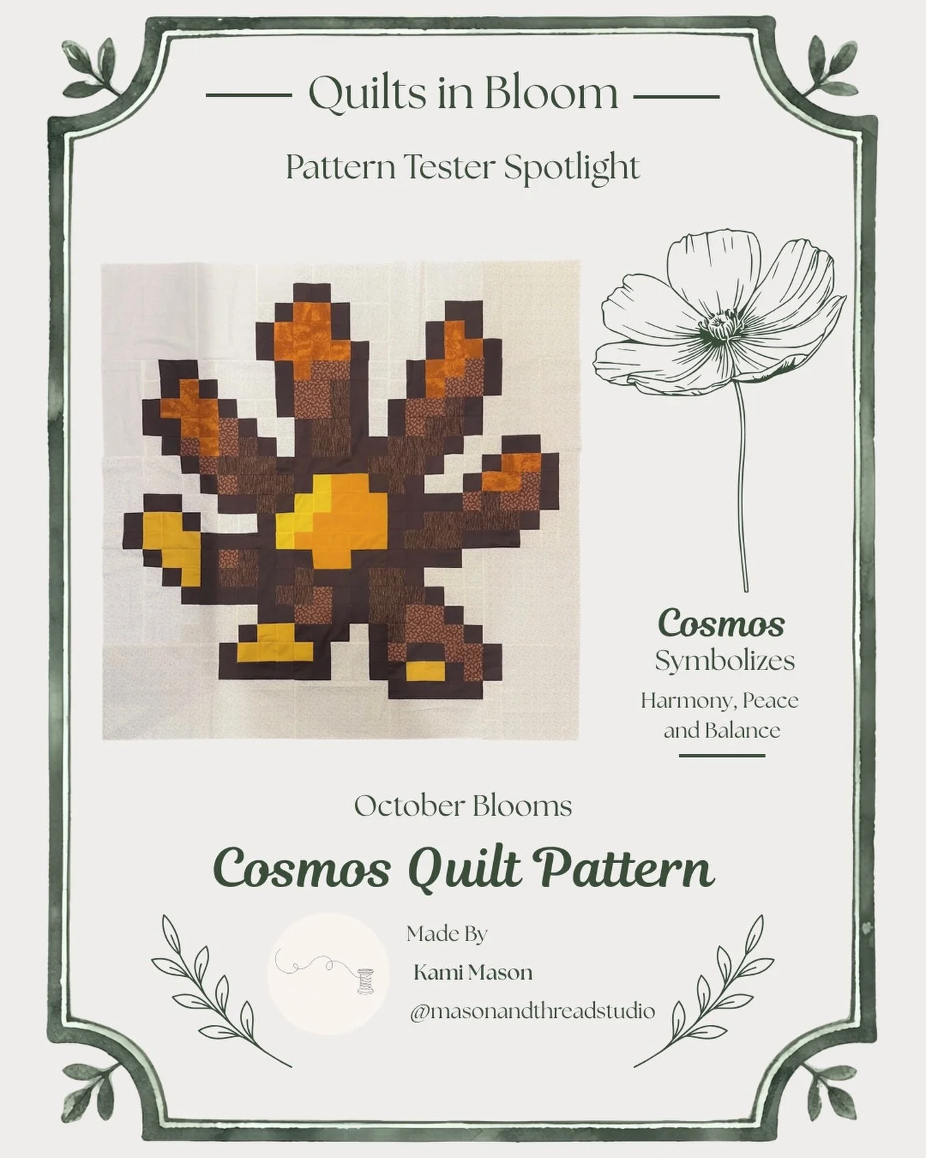 🤎 Tester Spotlight: October Blooms Cosmos 🤎

For the final tester spotlight, I&rsquo;m sharing this beautiful brown version of October Blooms Cosmos! 

This quilt was made using the hybrid method, combining a group-cut background with a pixel-cut f
