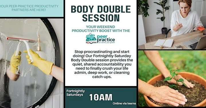 Need a gentle push to get things done? Join our fortnightly online Body Doubling sessions, hosted by a qualified Peer Mentor. These focused work blocks help you tackle life admin, deep work, or cleaning tasks with structure, accountability, and a non