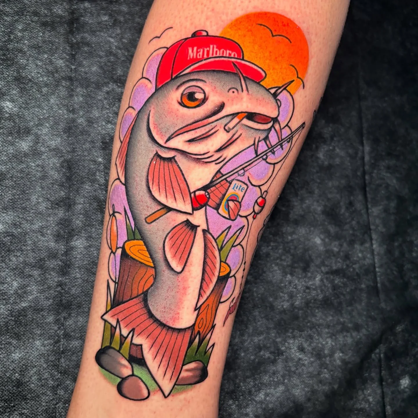This tattoo is in memory of Loren&rsquo;s grandpa who loved catfishin&rsquo;, smoking Marlboros, and an ice cold miller lite. @blacksagestudio