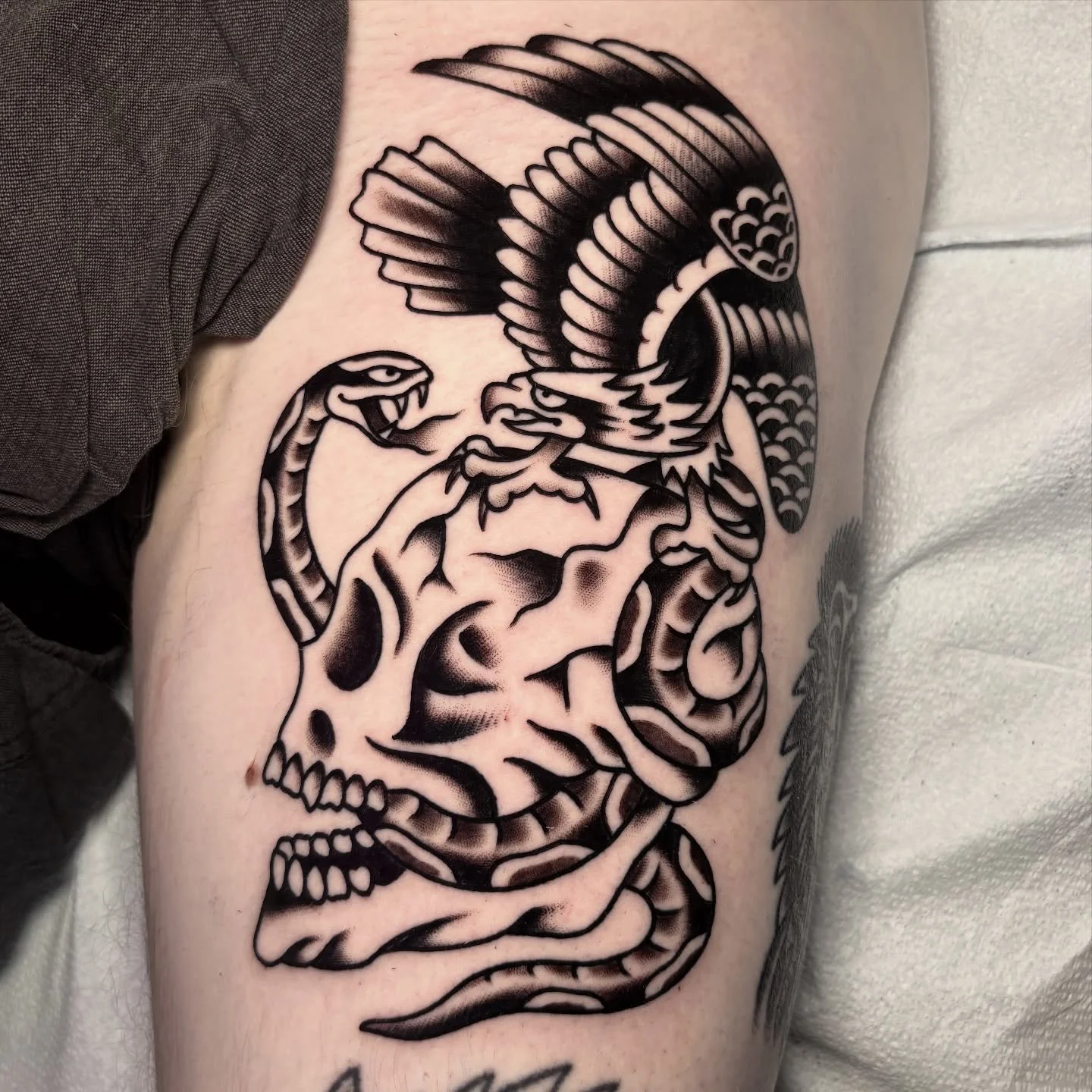 One of a few today on my homie Jack, he&rsquo;s been chipping away at this leg sleeve for a couple years now, can&rsquo;t wait to finish it!! For sure one more session and we&rsquo;ve got it 🤝🫡 @blacksagestudio