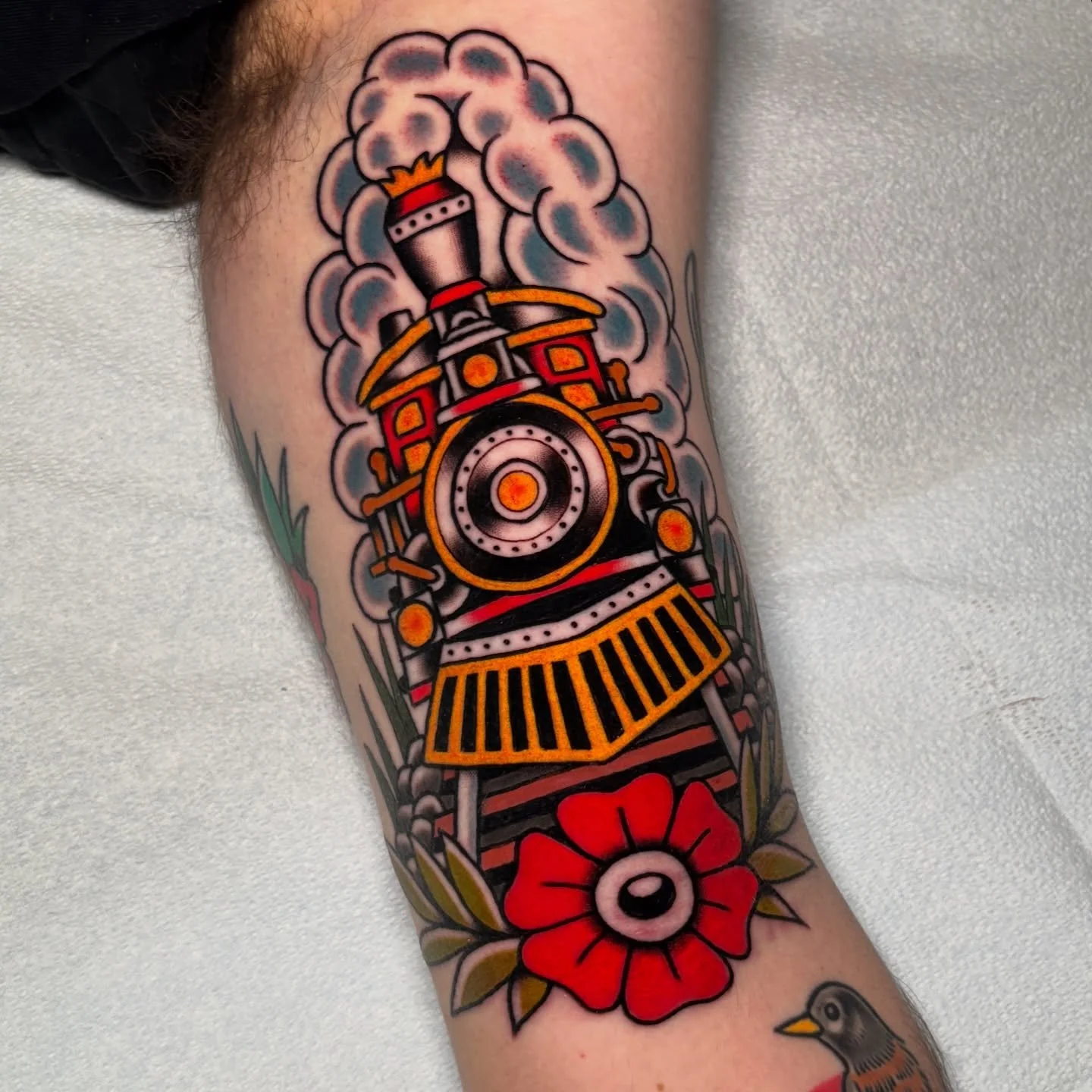 First train tattoo 🙌 thanks again to Bryan and Alyssa for traveling across the state and spending the day with me 🙏 @blacksagestudio