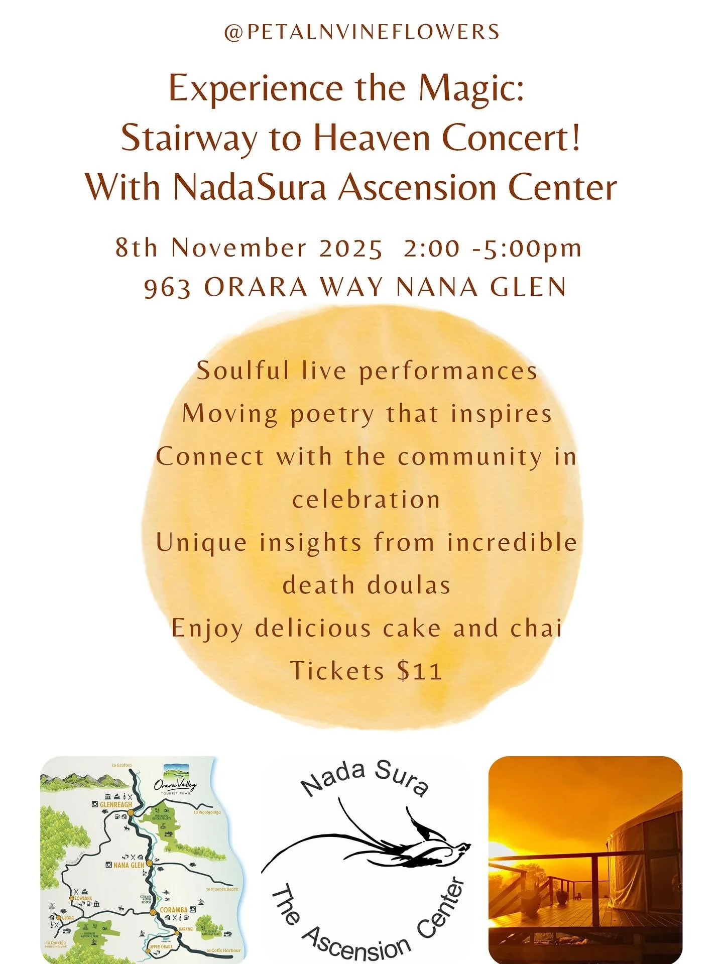 We are delighted to host Nada Sura Ascension Center’s Experience the Magic: Stairway to Heaven Concert at Petal N Vine on Saturday the 8th of November. 
Tickets are available via the link in our bio 🕊️
#oraravalley#nanaglen#deathanddying#livi