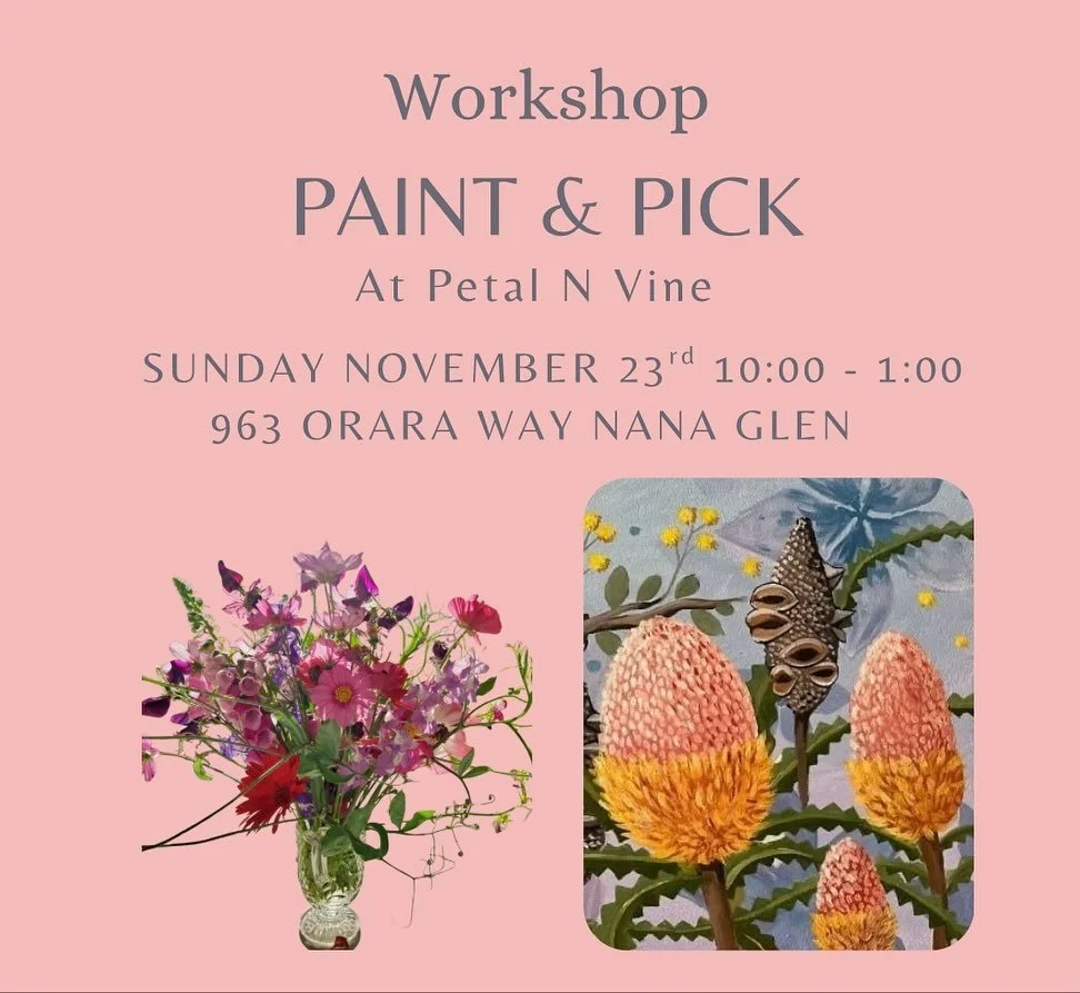We are delighted to share our first workshop Paint & Pick!
Sunday November 23rd 10 - 1pm at Petal N Vine - tickets via the link in our bio.
During this three hour, hands on workshop, you will paint an acrylic still-life with Artist Hannah Frenc