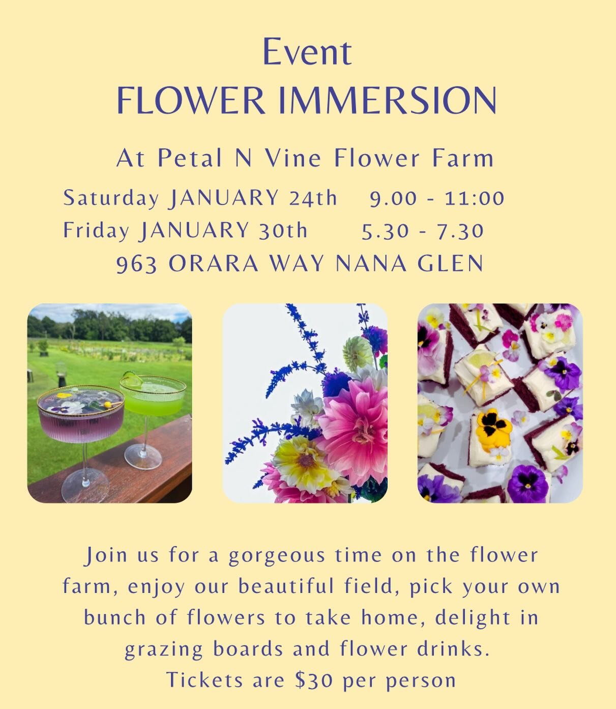 New dates for January! 
Join us on Saturday the 24th or Friday the 30th 

Eat, drink, be merry and pick your own flowers to take home 💐

Ticket link in our bio 

#nanaglen #oraravalley #visitcoffscoast