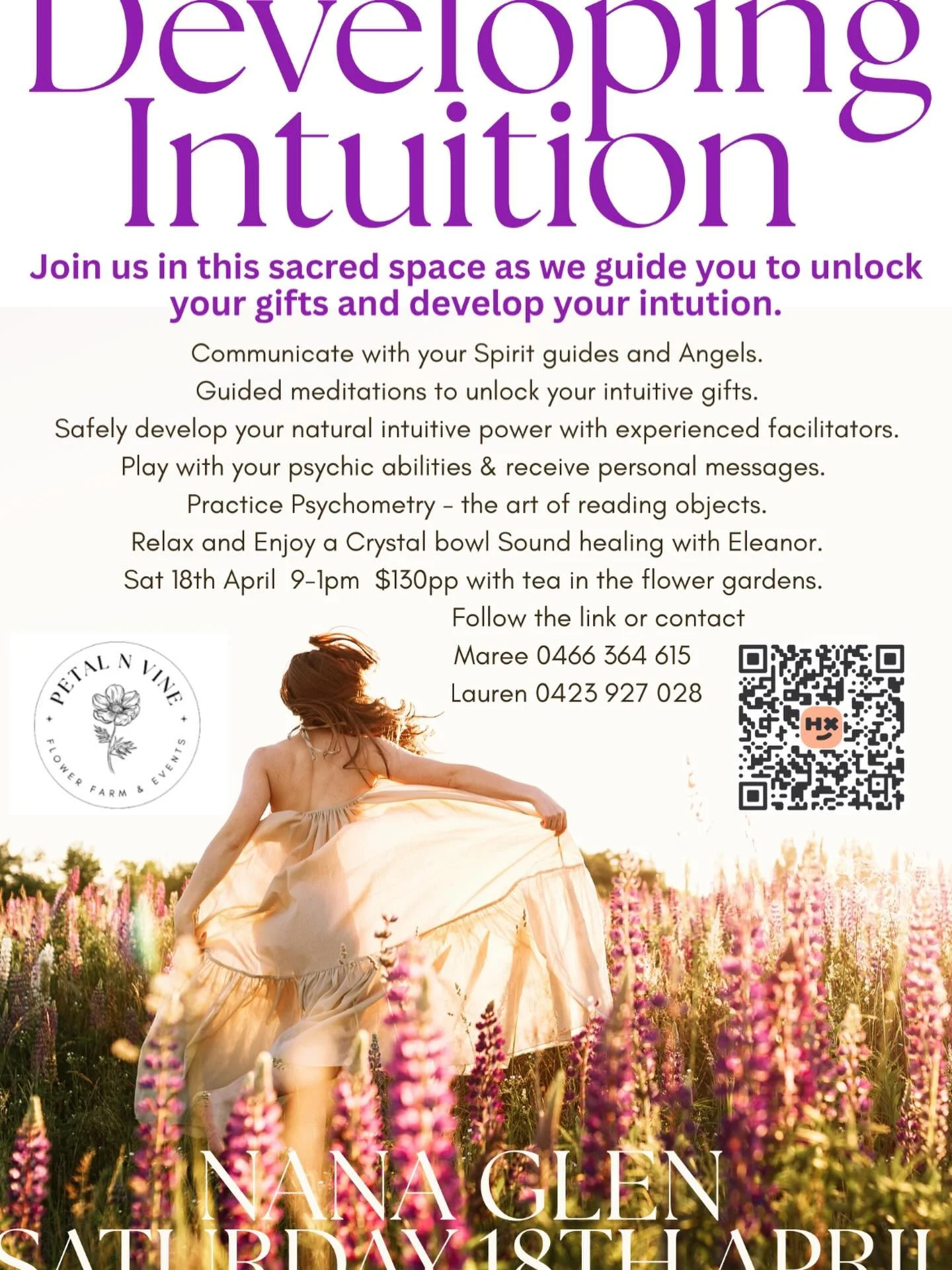 Join us in this special light filled workshop on Saturday 18th April where you will learn to communicate deeper with your Spirit guides and Angels at the stunning Petal N Vine flower gardens.

Receive guidance and wisdom from your higher self and sta