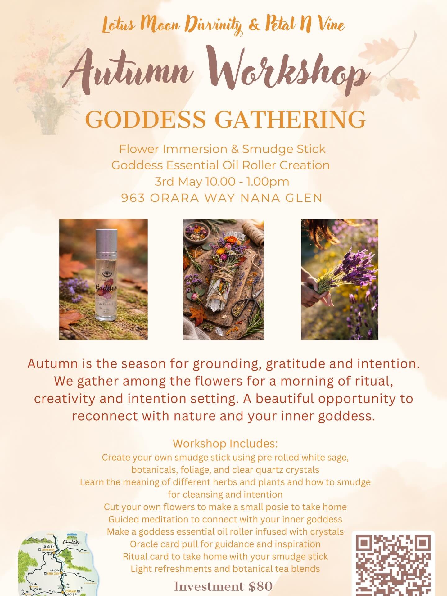 Join @lotusmoondivinity and @petalnvineflowers on Sunday May 3rd for a beautiful Goddess Gathering Workshop.

Autumn is the season for grounding, gratitude and intention. We gather among the flowers for a morning of ritual, creativity and intention s