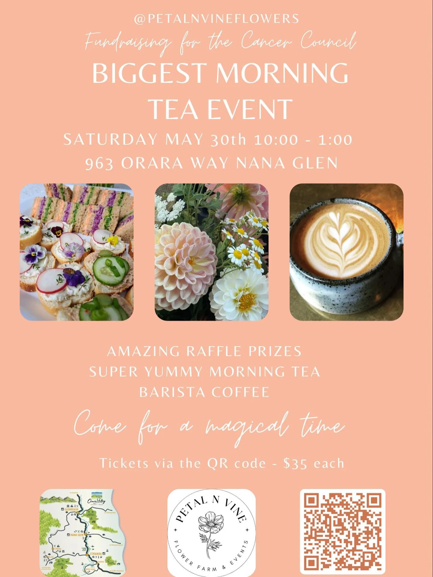 Hi Friends, 

We&rsquo;re hosting a Biggest Morning Tea again this year, on Saturday May 30th 10 - 1pm
We&rsquo;d love you to join us for a super yummy morning tea, barista coffee and amazing raffle prizes!

Tickets are $35 available via the link in 