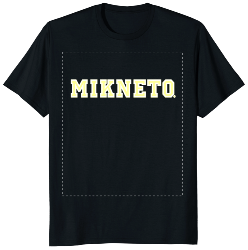 Black T-shirt with the word 'MIKNETO' printed in large, yellow and white bold letters across the chest.