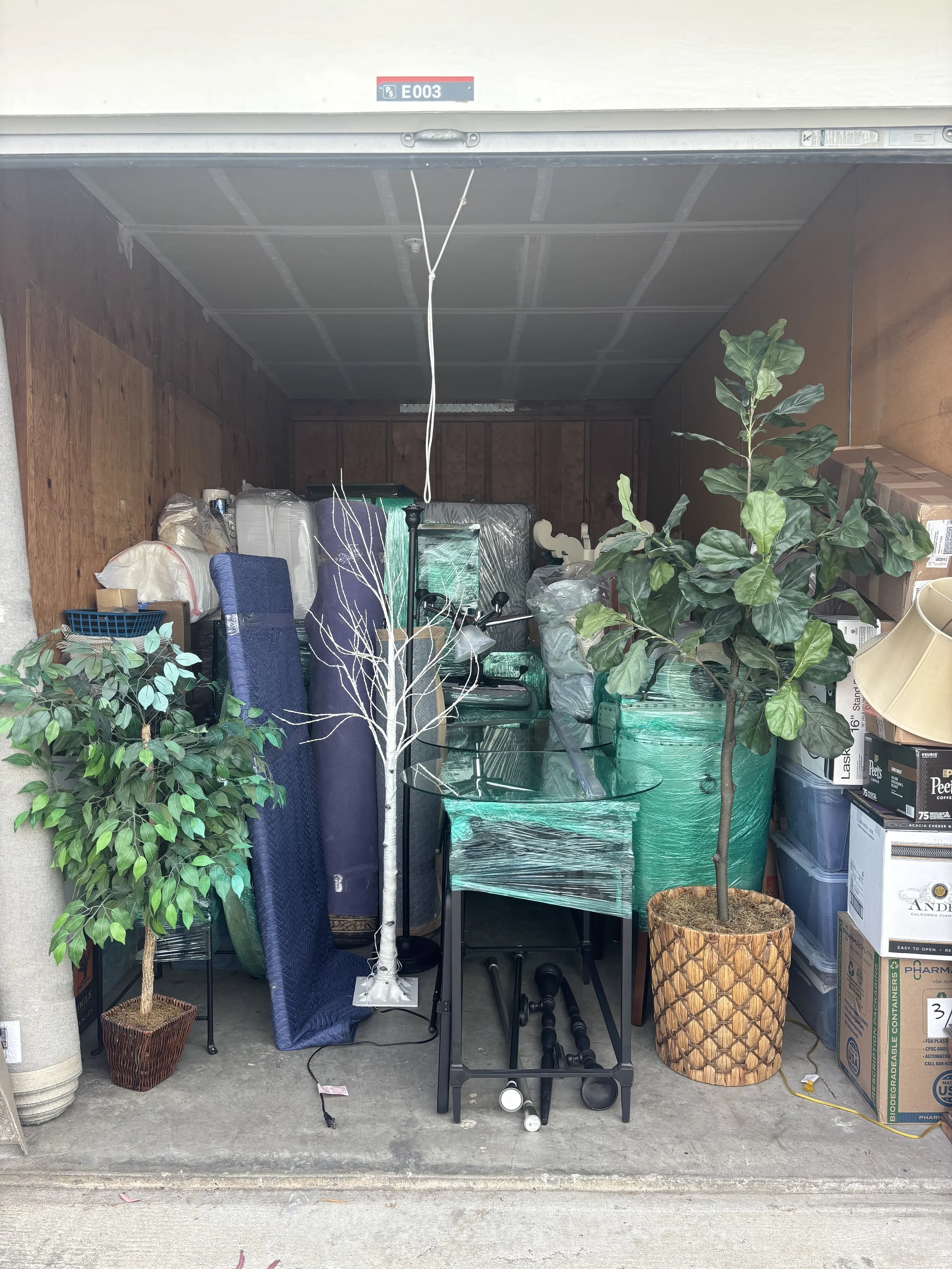 The image shows a garage filled with miscellaneous items including artificial trees, a folding table, packed boxes, and various household items.