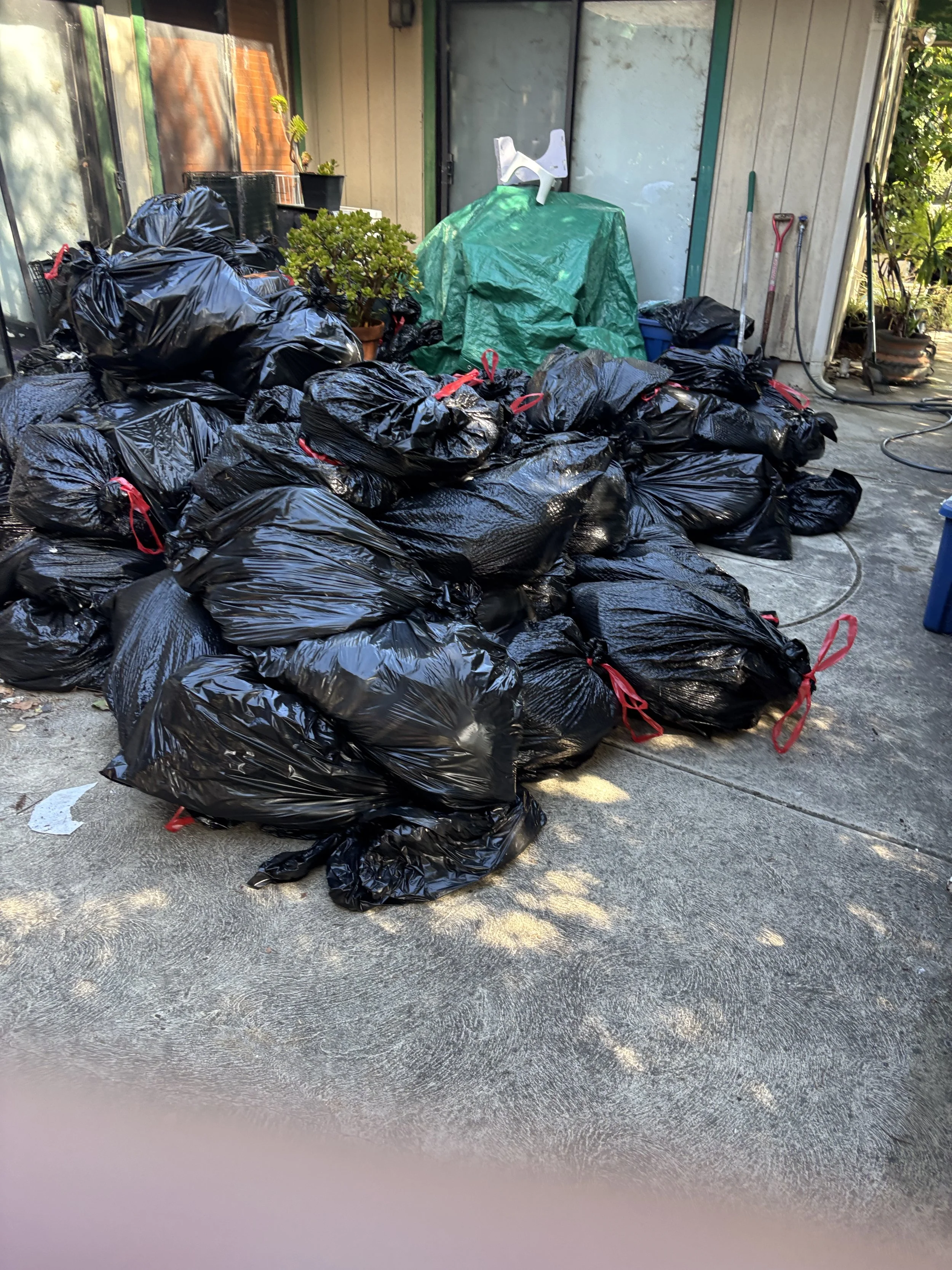 A large pile of black garbage bags tied with red ties, placed on a concrete surface outdoors next to some potted plants and gardening tools.