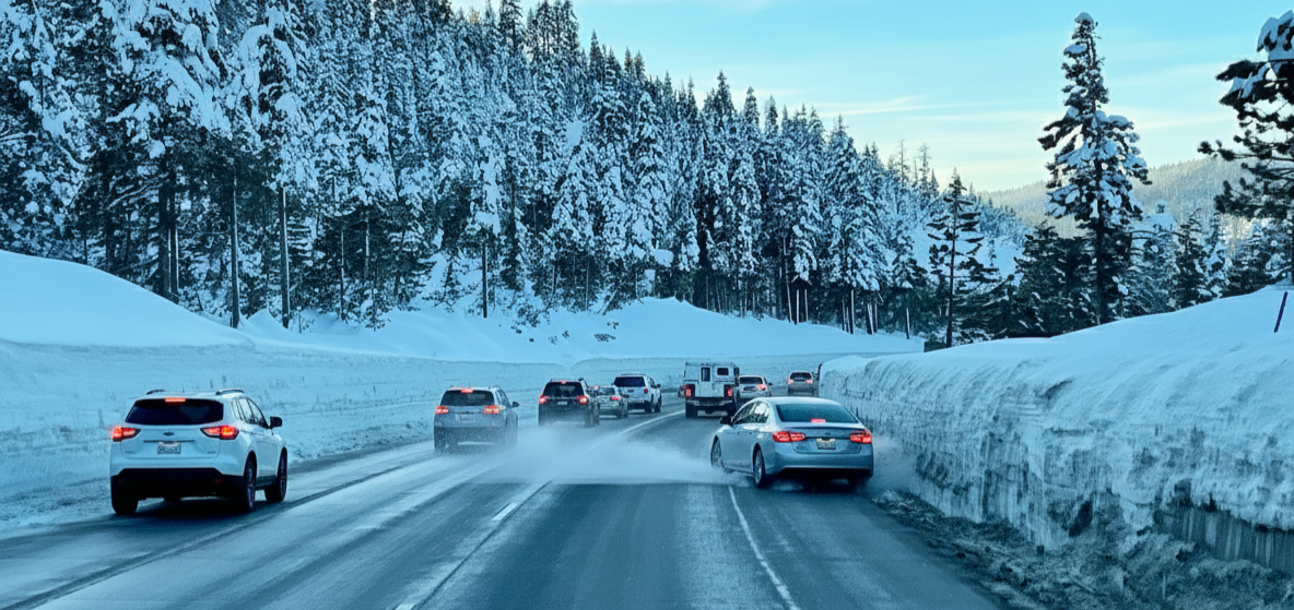 A car skidding and losing control on an icy winter road.