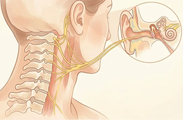 A gentle medical illustration showing the connection between the upper cervical nerves and the inner ear structures to explain the cause of post-accident tinnitus.