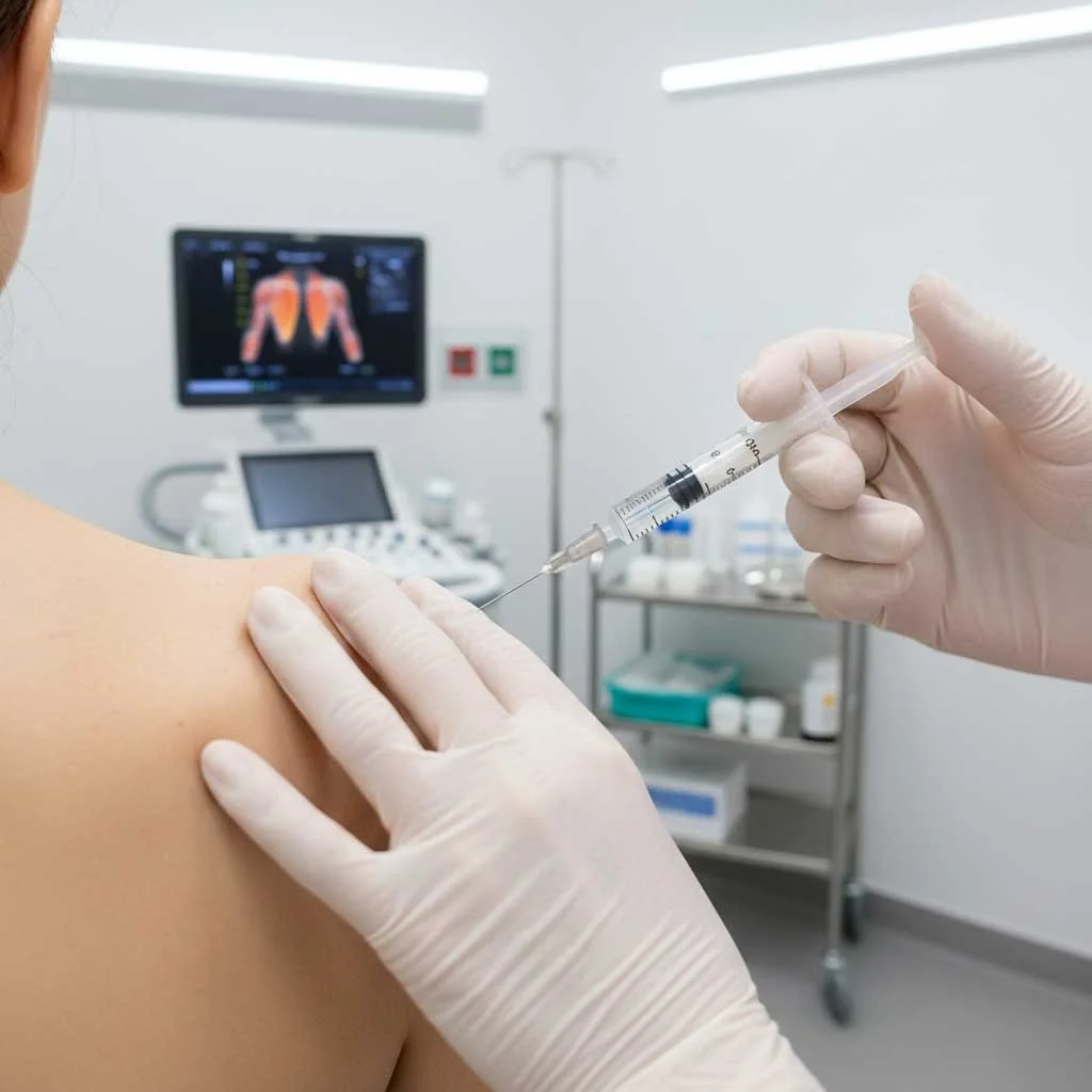 A medical professional administering a precision injection to treat shoulder joint pain.