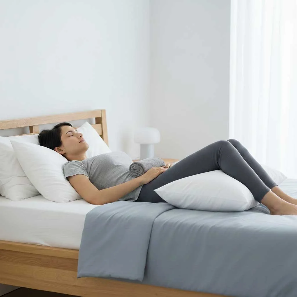 A person demonstrating the ideal supine sleeping position with a supportive pillow under the knees for spinal alignment.