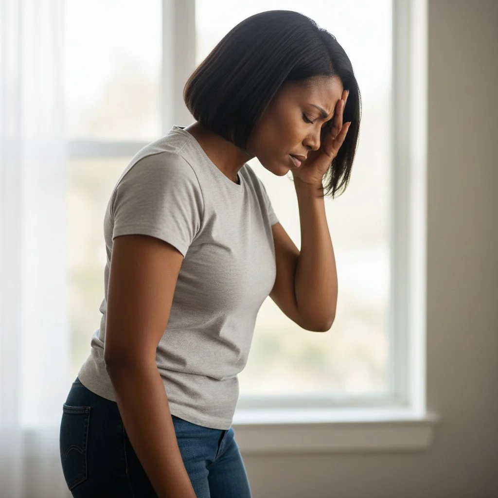 A middle-aged woman experiencing chronic headache and neck discomfort after a motor vehicle collision.