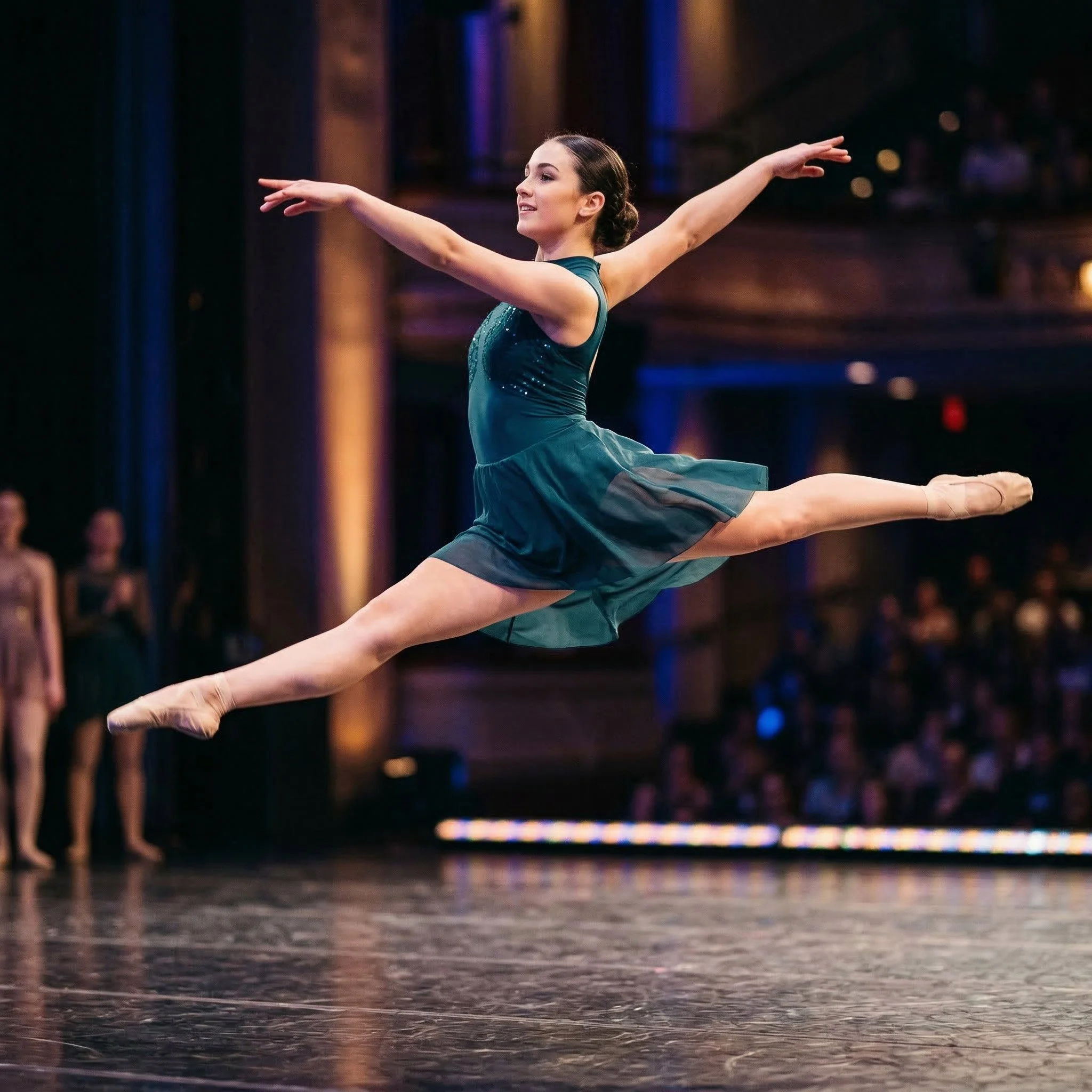 A professional female dancer performing a grand jeté leap on stage, illustrating the extreme mechanical stress placed on the hips and ankles during high-impact movements.