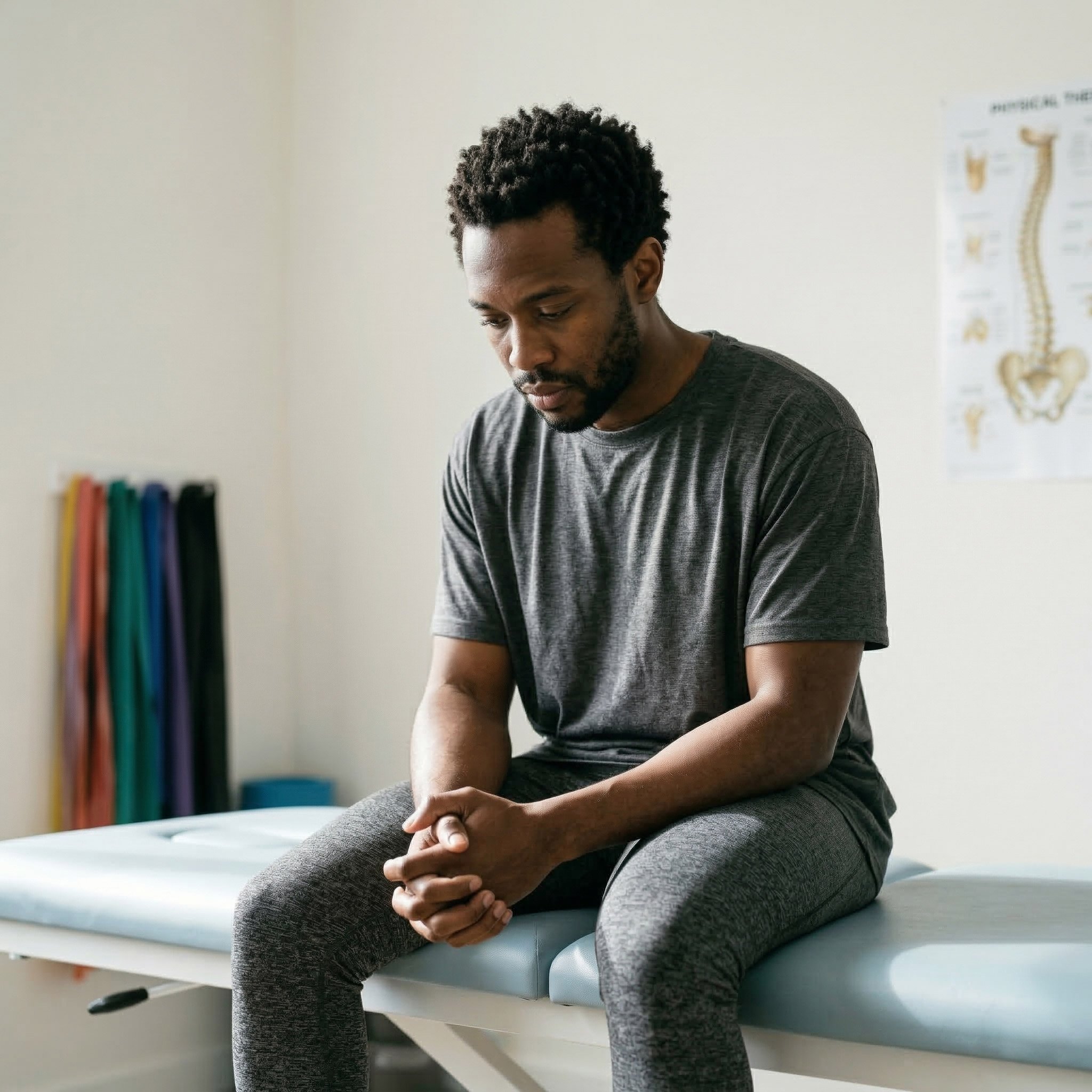 A weary Black man in casual gray workout clothes sitting hunched on a clinical exam table, with hands clenched in his lap, visualizing chronic muscle bracing after an auto accident.