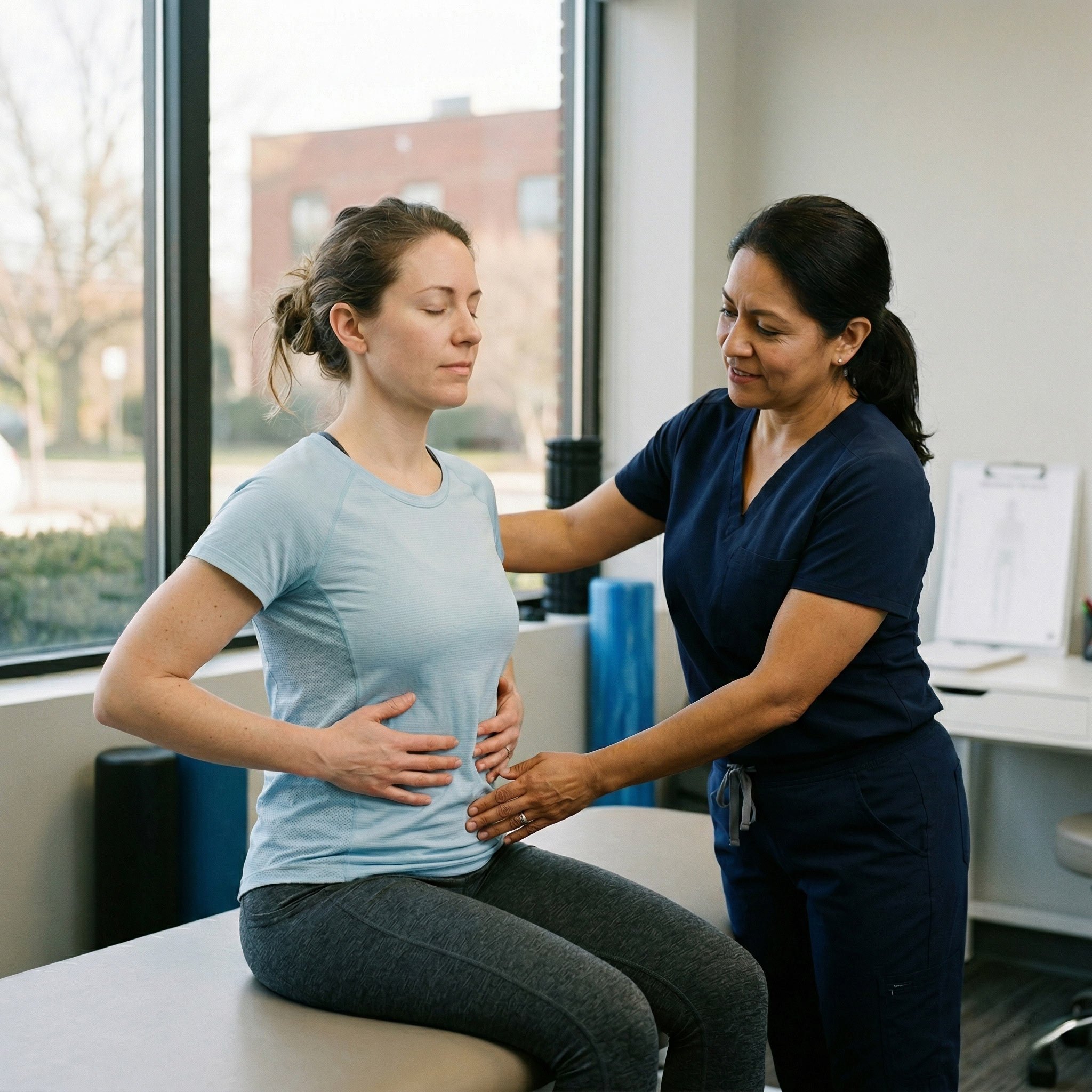 A physical therapist guiding a patient through neurological stabilization exercises to reduce systemic inflammation.