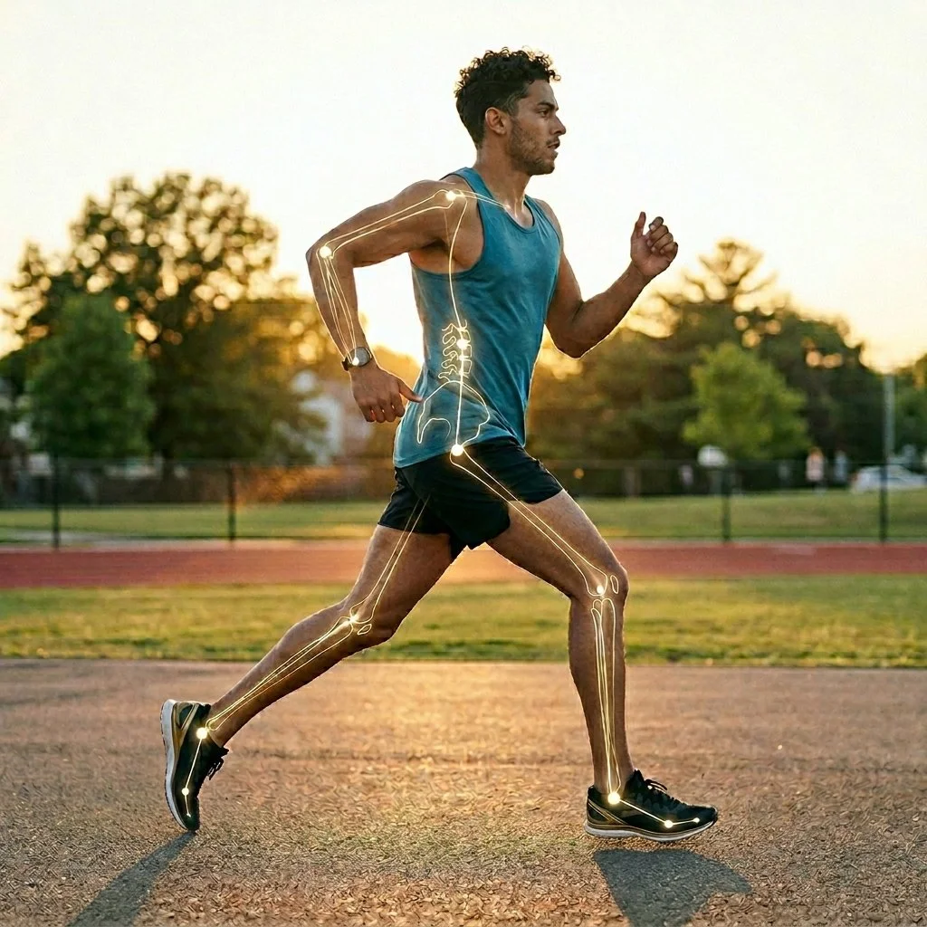 A full-body photograph of a male athlete running on an outdoor track during golden hour, wearing a blue tank top and black shorts, featuring a glowing yellow skeletal overlay on his body with highlighted joint points.