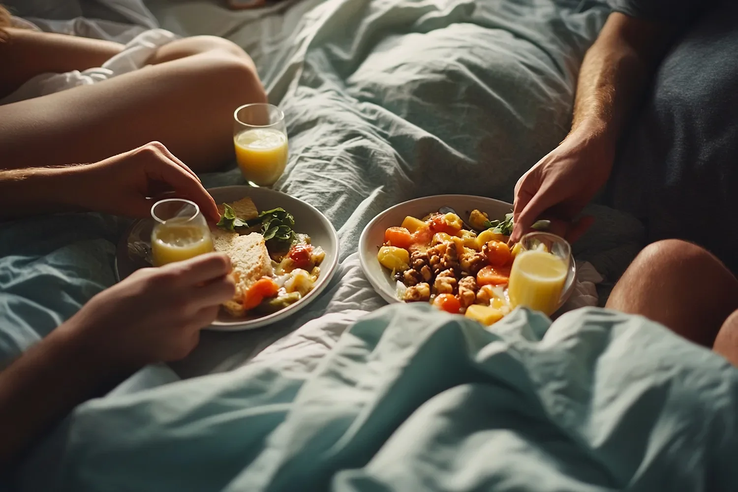 Close-up of a couple's arms and legs while sharing breakfast in bed, representing daily intimacy and relaxation.