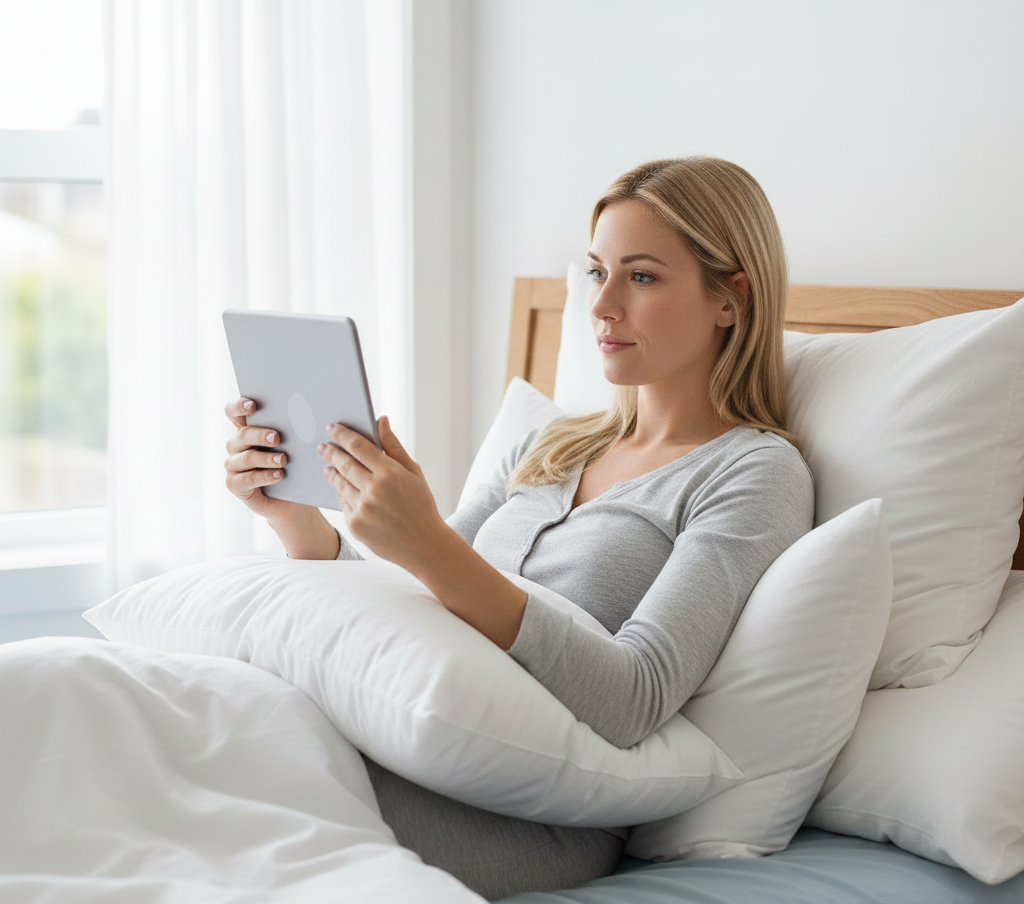 Woman using a tablet in bed with good posture, propped up by pillows.