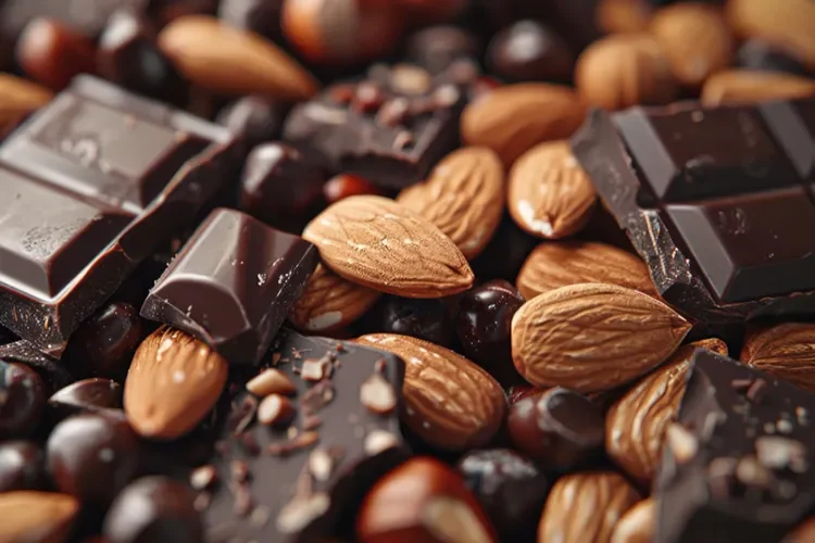 A close-up shot of dark chocolate pieces mixed with whole almonds and cocoa nibs. This nourishing snack satisfies sweet cravings while providing heart-healthy fats and powerful antioxidants.