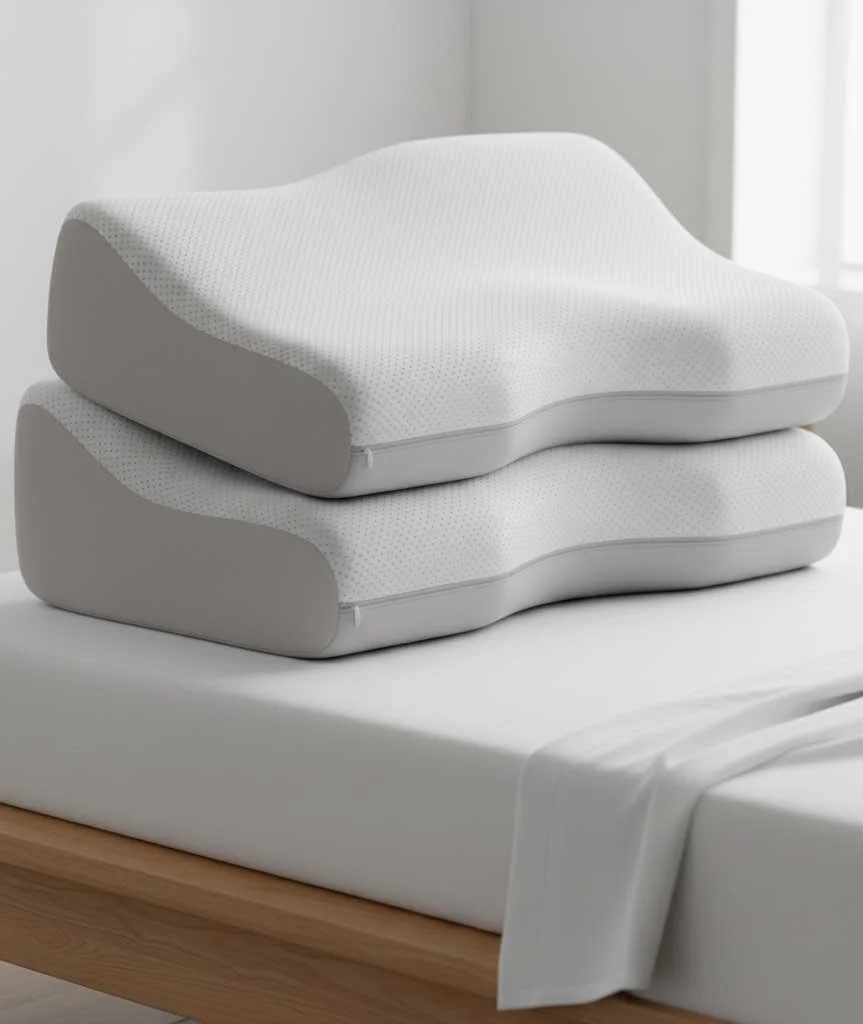 Two ergonomic white memory foam pillows with a contoured design stacked on a bed with white linens.