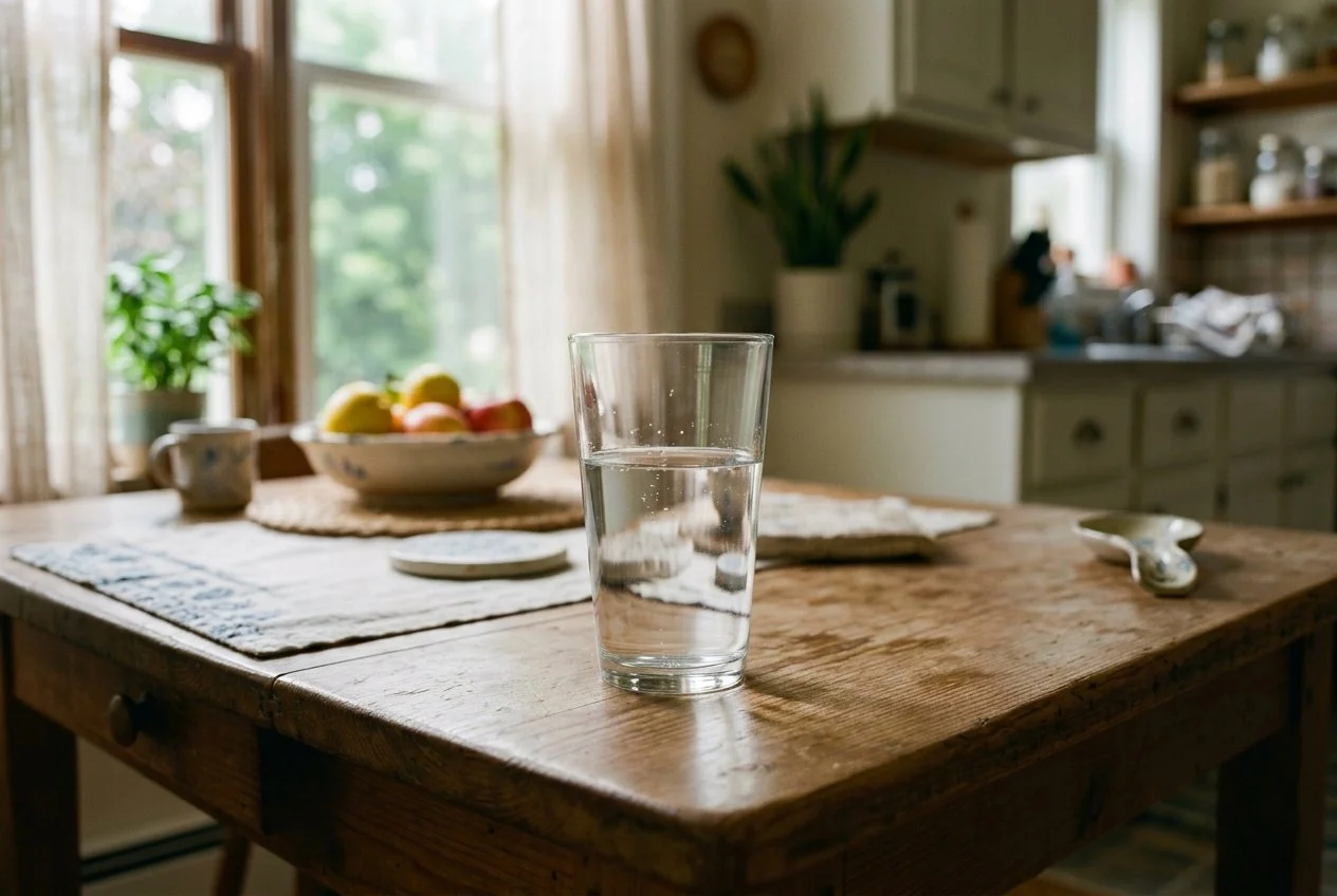 A candid photograph showing a clear glass tumbler half-filled with water on a rustic wooden table next to a sunlit window with curtains, featuring a fruit bowl and a blurred kitchen background.