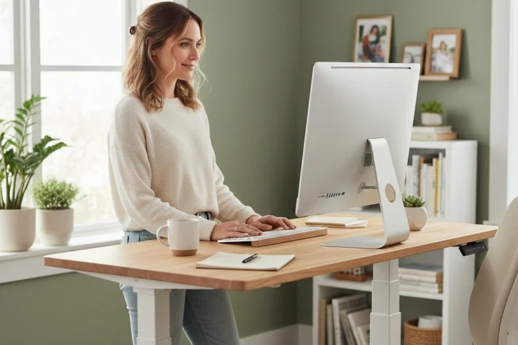 A woman standing at a high desk using a laptop and a secondary monitor with an upright, ergonomic posture.