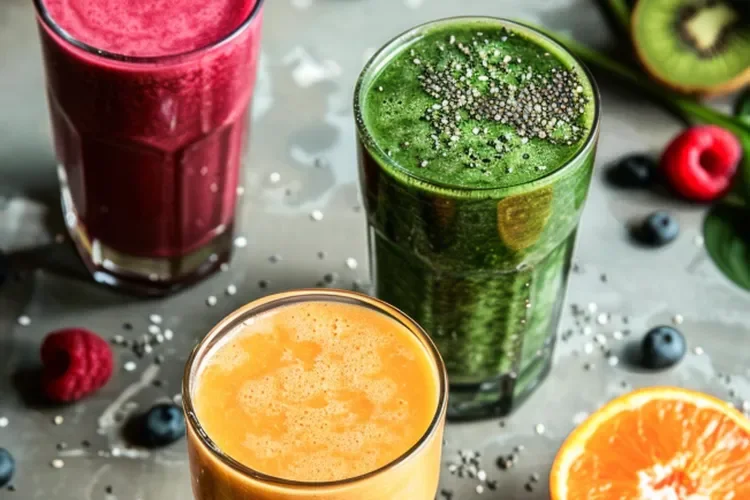 A trio of vibrant fruit and vegetable smoothies in berry, green, and orange blends, surrounded by fresh ingredients. These nutrient-packed drinks provide a quick, refreshing energy boost without a subsequent crash.