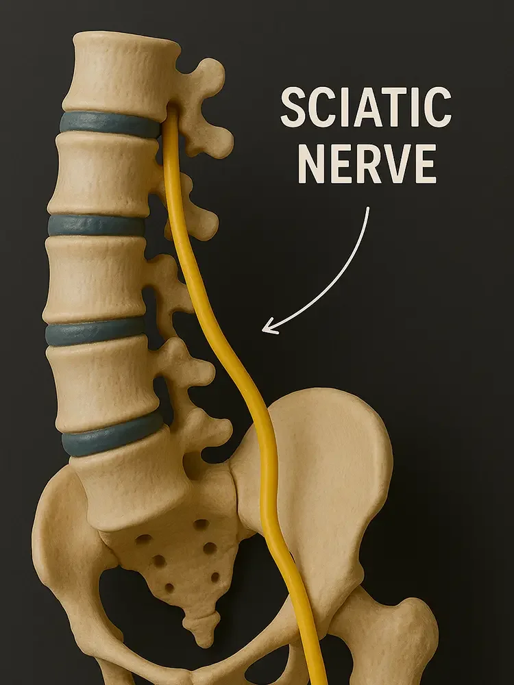 Anatomical model of the spine and pelvis showing the sciatic nerve pathway, illustrating the cause of leg pain.