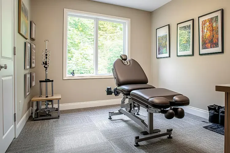 A clean chiropractic and rehabilitation examination room featuring an adjustable treatment table and physical therapy exercise equipment.