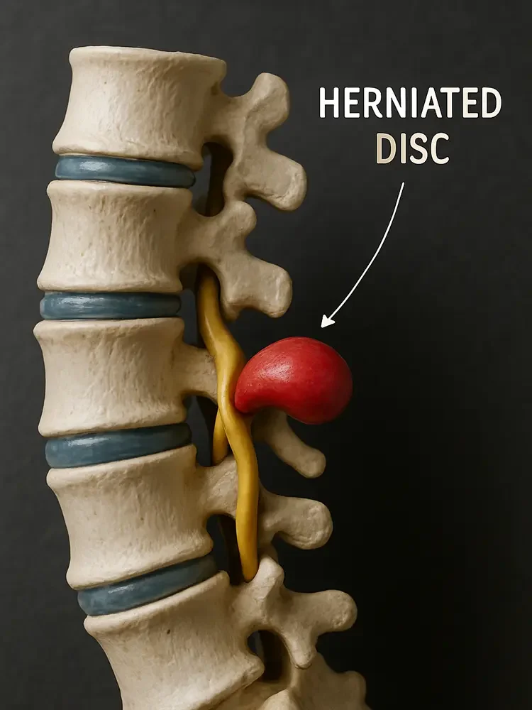 An anatomical spine model showing a red herniated disc pressing on a nerve, illustrating the need for specialist treatment.