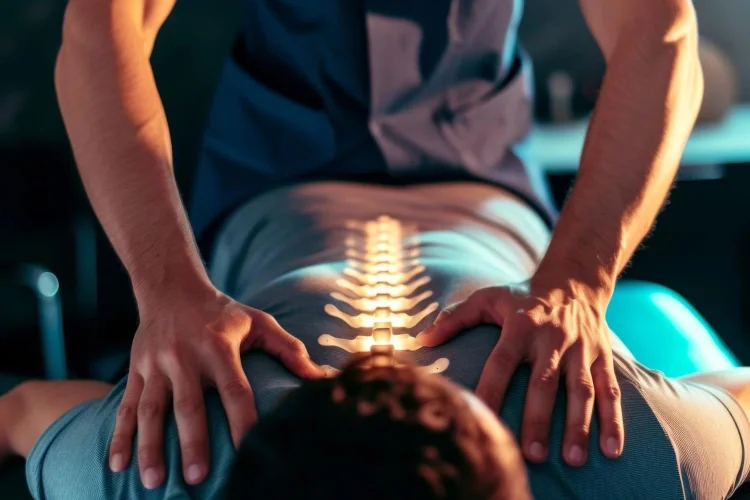 A professional chiropractor performing spinal manipulation on a patient to improve flexibility and reduce lower back pain.