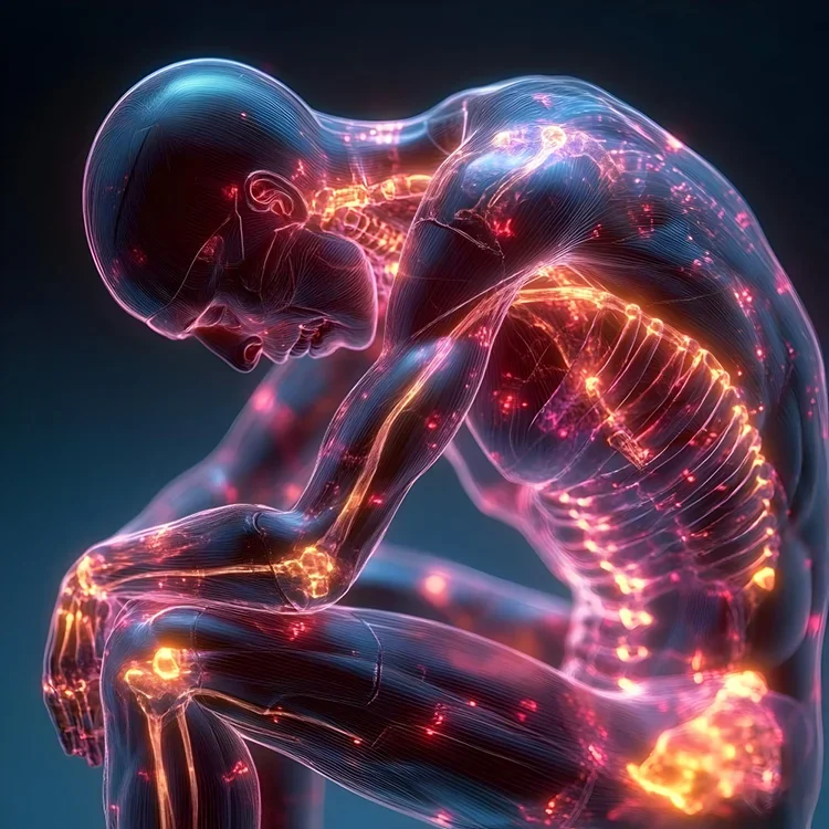 A 3D illustration of human anatomy showing nerve pathways and pain signals. It visually explains how chronic pain affects the nervous system and various joints.