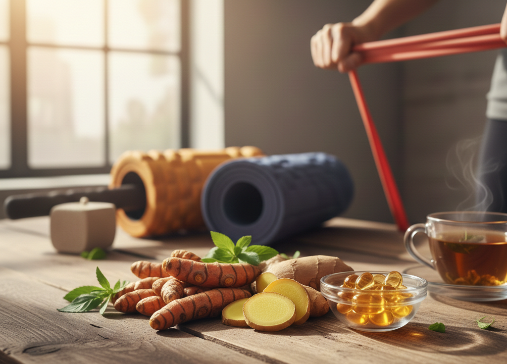 An assortment of natural anti-inflammatory foods including turmeric, ginger, blueberries, and green tea on a rustic wooden table.