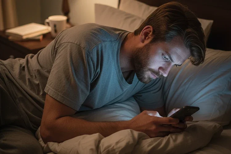 A man lying in bed with poor posture while using a smartphone, illustrating habits that cause winter neck and back pain.