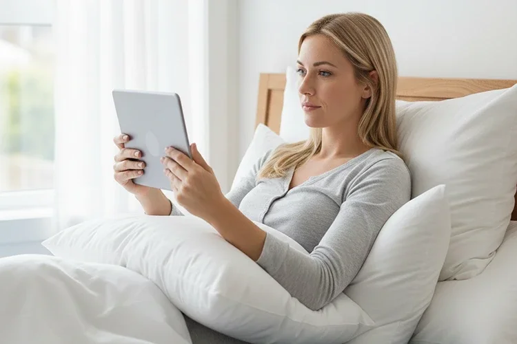 A woman using a tablet in bed supported by multiple firm pillows to keep the screen at eye level and maintain good posture.