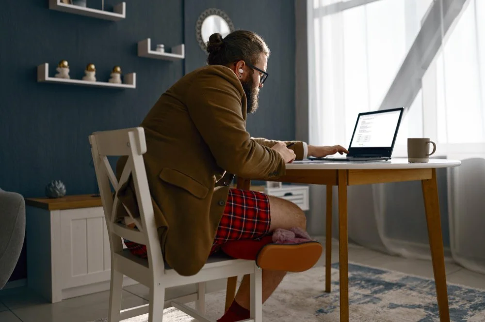 A back view of a man sitting at a computer with poor posture.