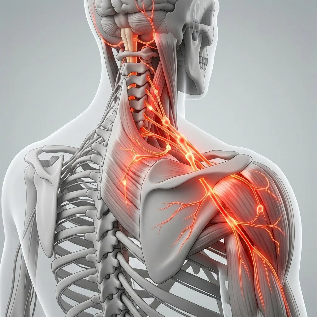 A high-quality anatomical diagram of the human upper body, featuring glowing red and orange nerve pathways along the spine and shoulders to represent central sensitization and hyper-arousal after a car accident.