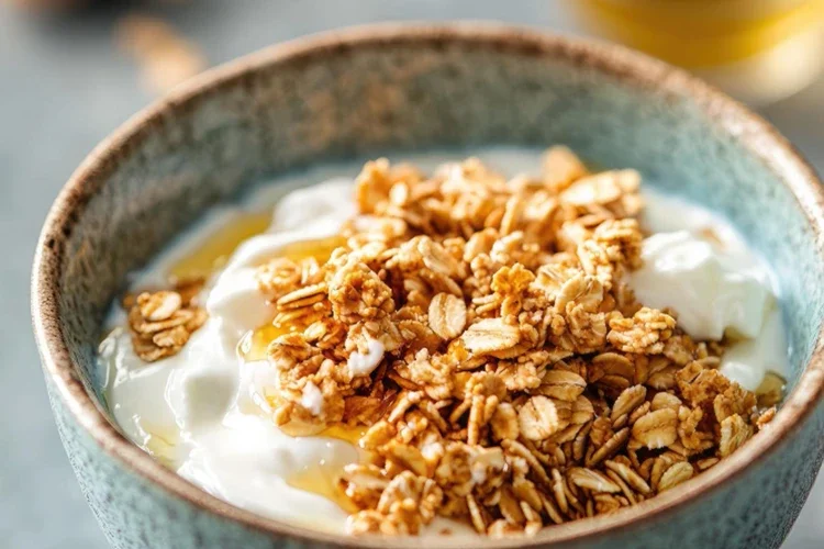 A blue bowl filled with creamy Greek yogurt, topped with crunchy granola and a drizzle of honey. It highlights a high-protein, gut-friendly snack ideal for breakfast or post-workout recovery.