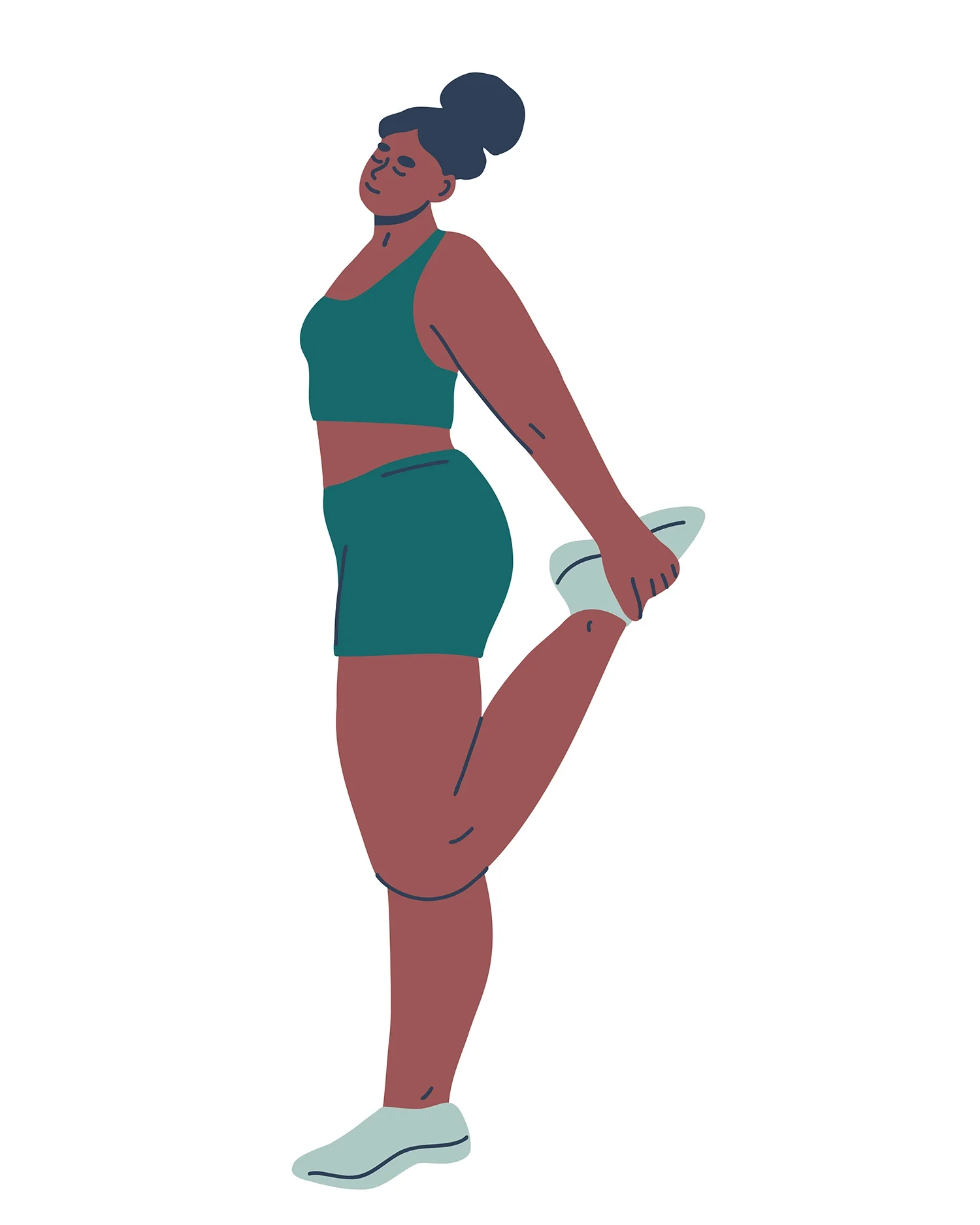 A hand-drawn illustration of a woman in dark green activewear performing a standing quadriceps stretch by holding her ankle behind her. This move is perfect for releasing tension in the lower body and improving balance.