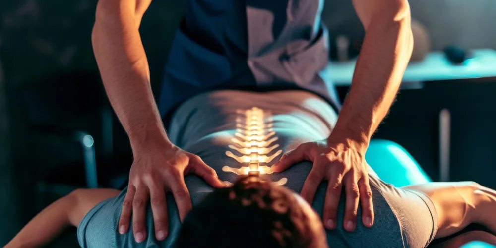 Chiropractor performing spinal manipulation on a patient to improve flexibility and reduce lower back pain