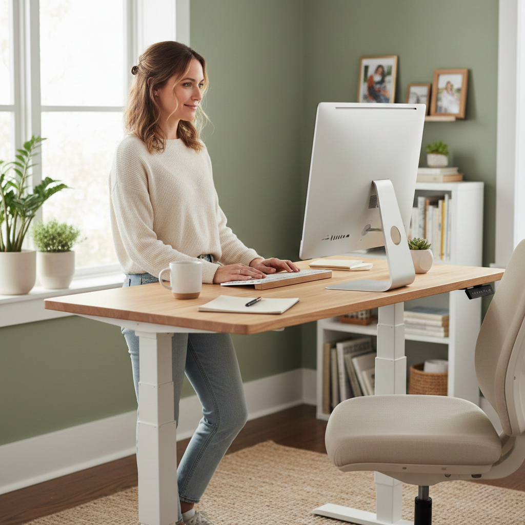 A Caucasian woman standing at a height-adjustable wooden desk in a bright, calm home office, maintaining a healthy posture while working on a computer.