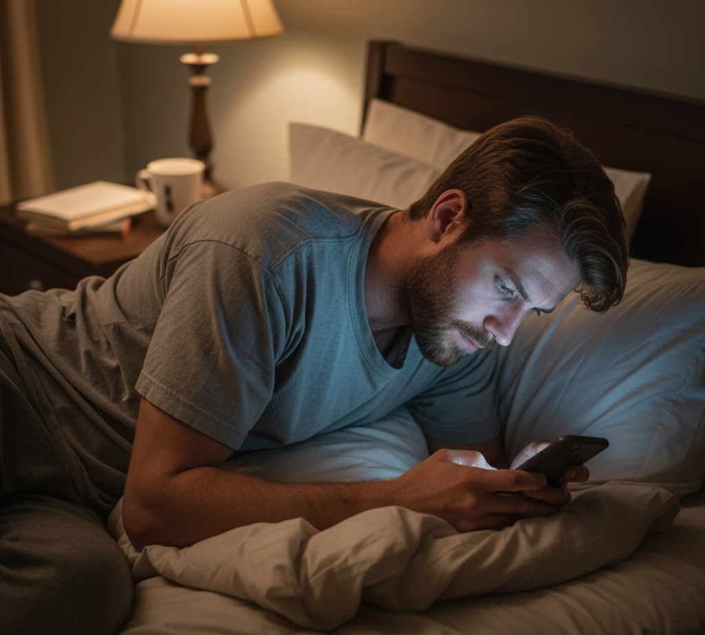 Man using phone in bad posture (text neck) while lying in bed