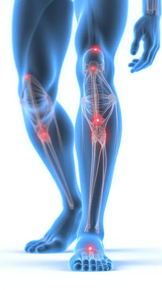 Illustration showing common leg injury areas in running, highlighting the knee and lower leg.